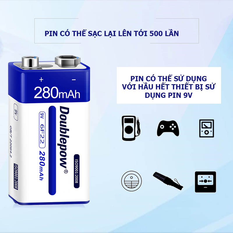 Pin vuông sạc lại 6F22 - 9V 280mAh Doublepow