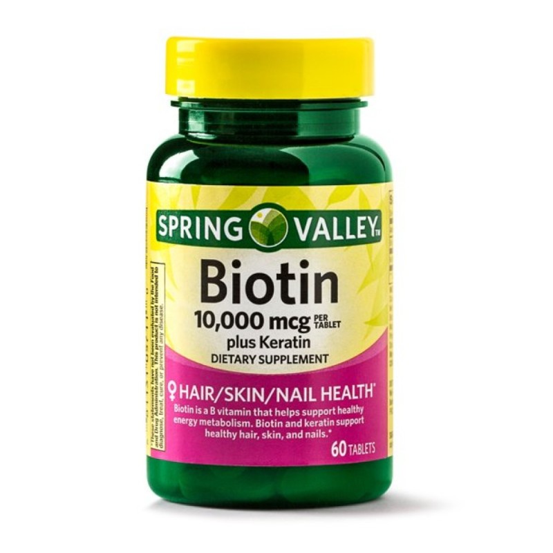 [Spring Valley] Viên uống kích thích mọc tóc Biotin kết hợp Keratin, 10000 mcg, 60 Viên