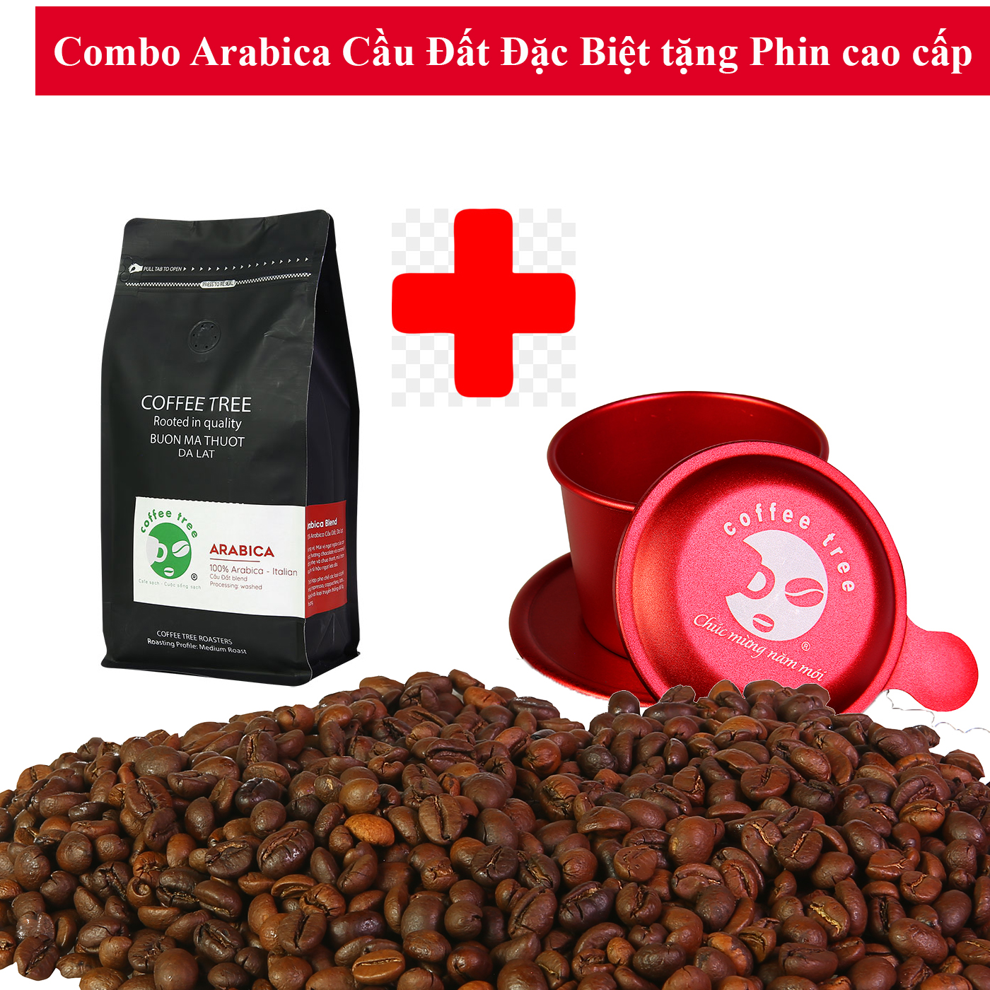 Cà phê bột Arabica Cầu Đất nguyên chất 100% Coffee Tree kèm Phin Nhôm Cao cấp