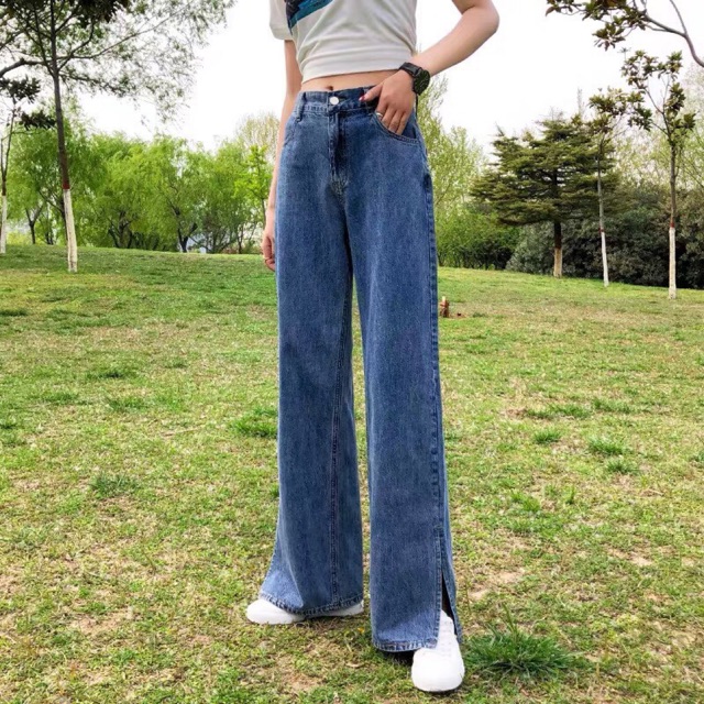 Quần jeans cạp cao ống rộng xẻ gấu