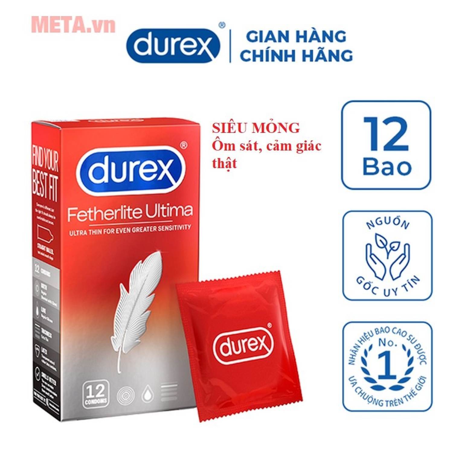 Bao cao su Durex Fetherlite siêu mỏng, hộp 12 chiếc.