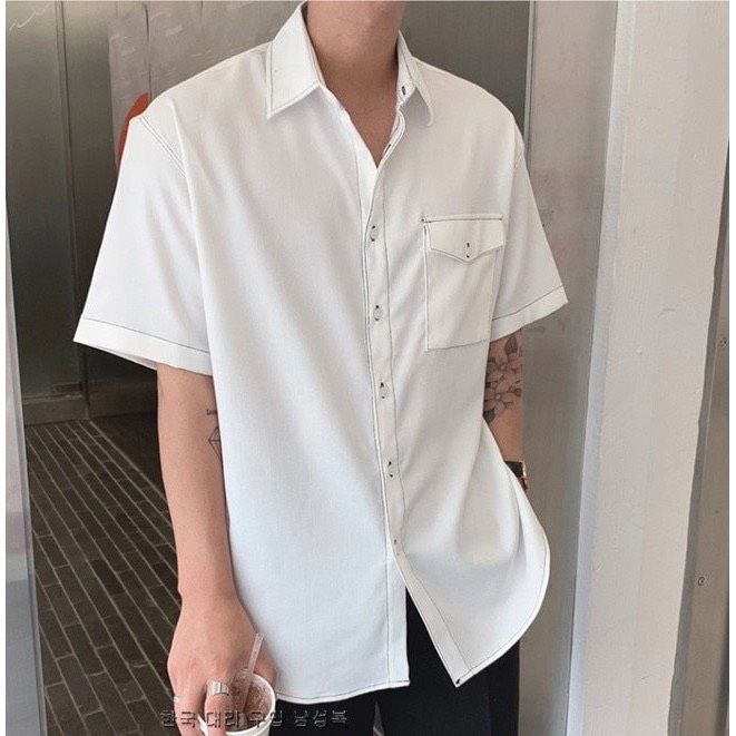 Áo sơ mi tay ngắn nam nữ túi hộp unisex full đen