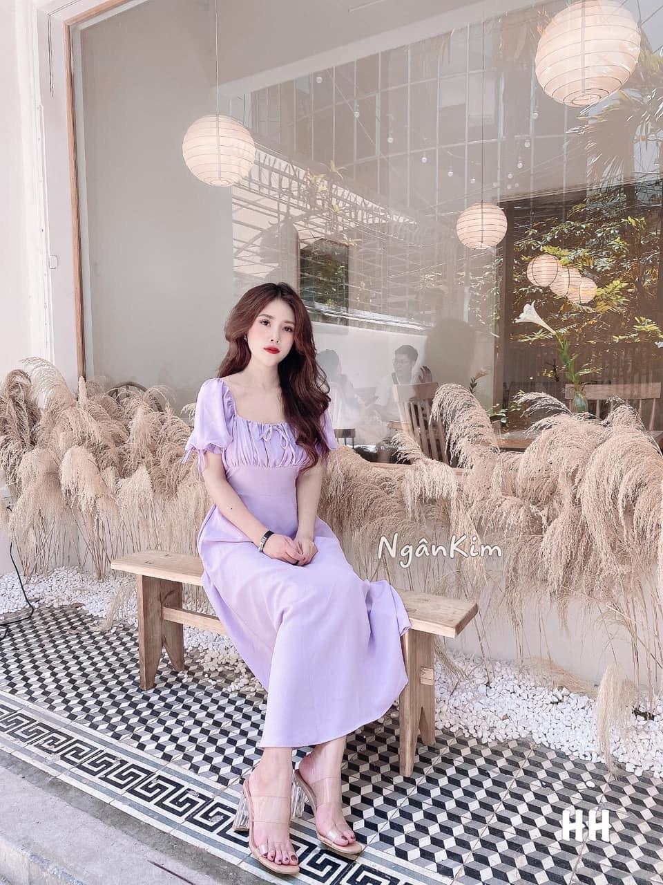 Đầm tím cổ vuông nhún ngực nơ lưng mộng mơ TTSA0444