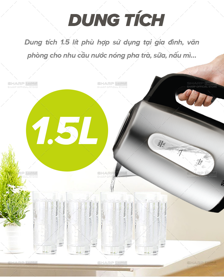 Bình Đun Siêu Tốc 1.5 Lít Sharp EKJ-15EVS-ST [Vạch báo mực nước: hai bên, Cảm biến nhiệt: FADA] - Bảo Hành Chính Hãng 12 tháng