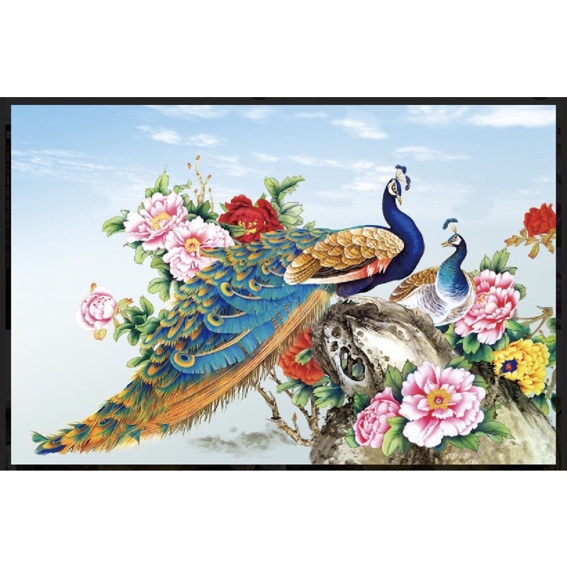 tranh phong thuỷ chim công dán tường 3d