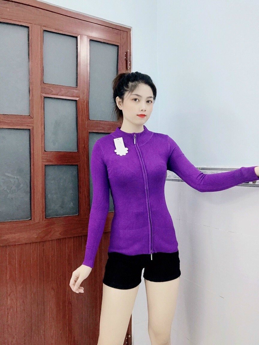 Áo khoác len dây kéo trơn tay dài
