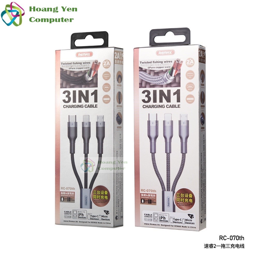 [MẪU MỚI] Cáp Sạc Remax 3 Đầu IPHONE - MICRO USB - TYPE C Dây Dù RC-070TH