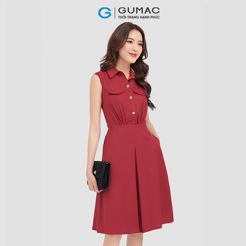 Đầm sơ mi GUMAC, đầm không tay 2 nắp túi DC08097
