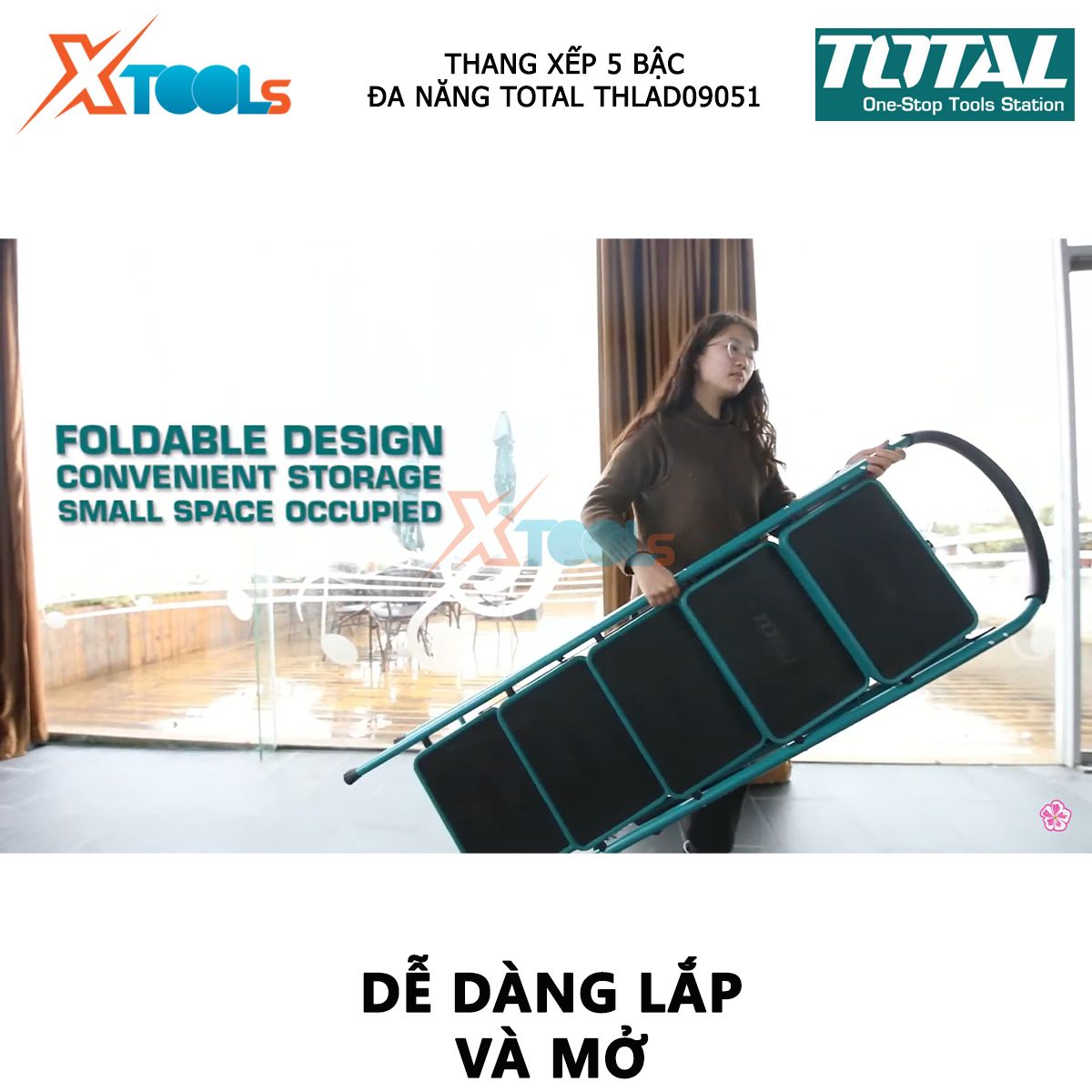 Thang xếp 5 bậc đa năng TOTAL THLAD09051 | thang xếp năm bậc thang kích thước khi mở thang 1030x490x1515mm XTOOLs