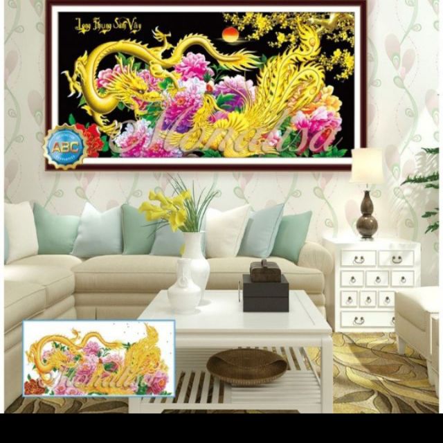 Tranh đính đá long phụng sum vầy kt 100x55 cm/120x65 cm/ 160x75 cm chưa đính