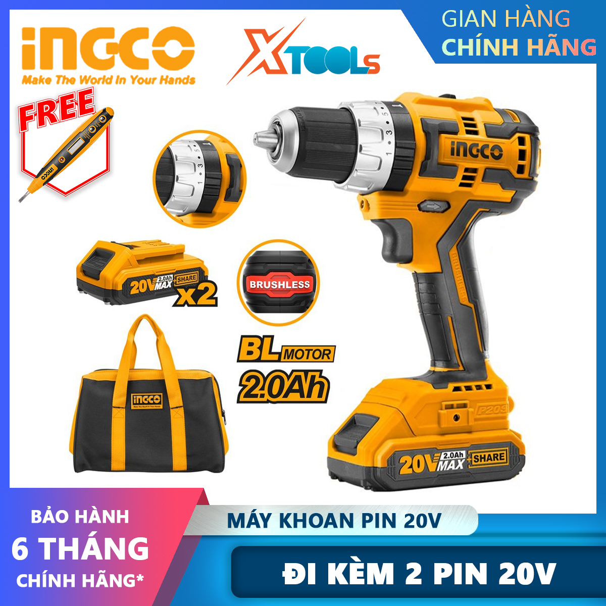 Ingco cidli20608 Brushless Hammer cordless hand drill battery operated 450-1900rpm motor 60nm 23 + 1 + 1, including 2 2AH batteries, 1 XTools charger