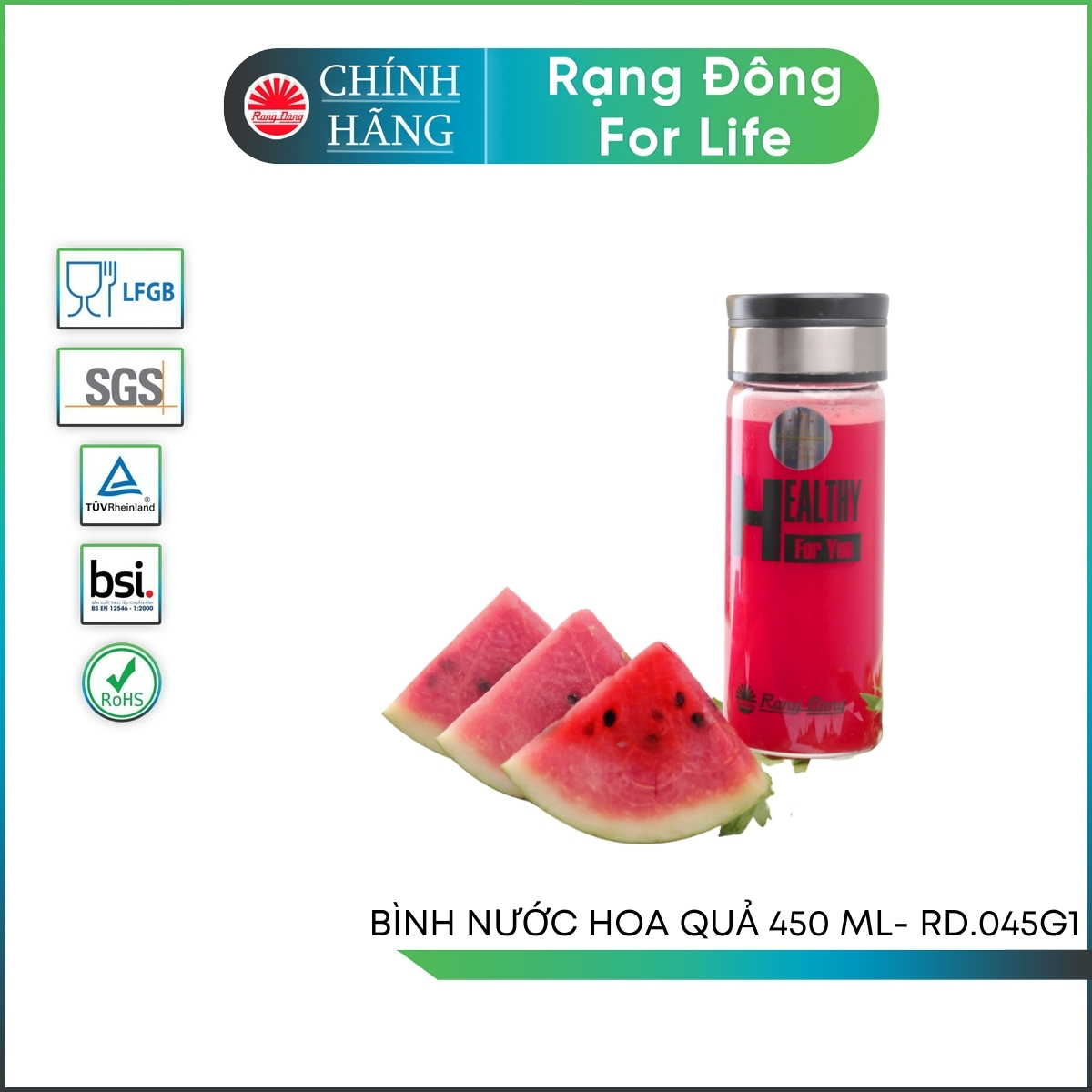 Bình nước thủy tinh Rạng Đông cầm tay dung tích 450 ml Model RD 045G1