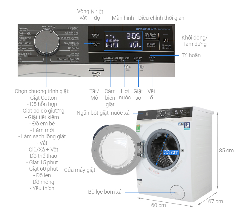 [Trả góp 0%]Máy giặt Electrolux 10 kg lồng ngang EWF1023BEWA