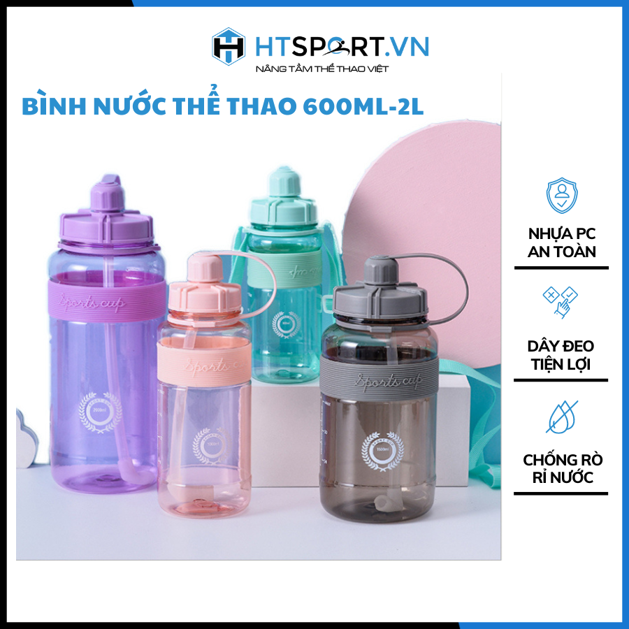 Bình Nước Thể Thao, Bình Đựng Nước Tập Gym Nhựa 600ML - 2 Lít Tặng Kèm Dây Đeo Và Ống Hút Cao Cấp