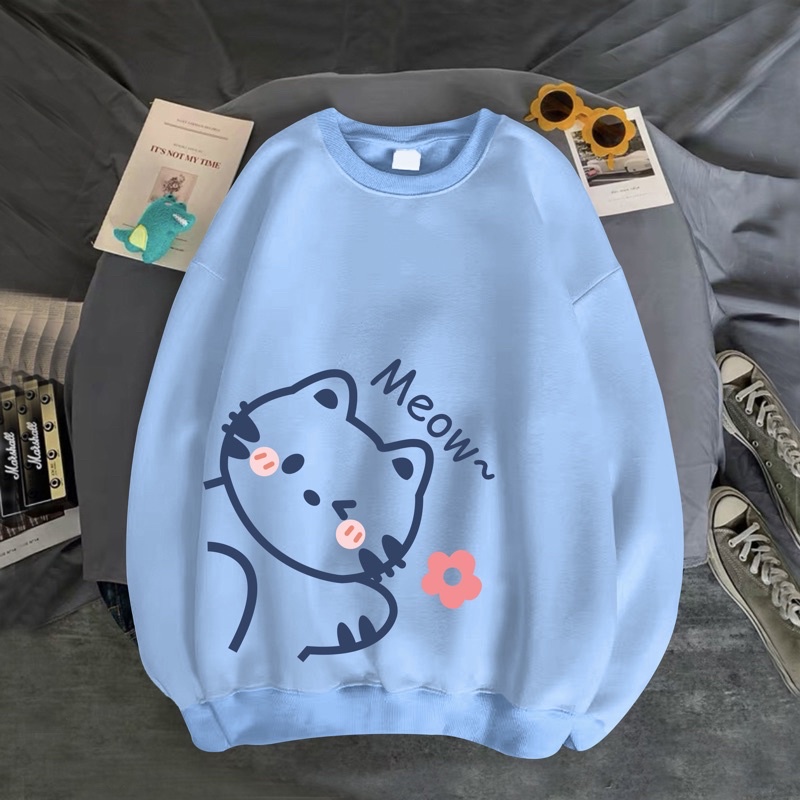 Áo sweater nam nữ in mèo meow chất vải nỉ poly dày dặn