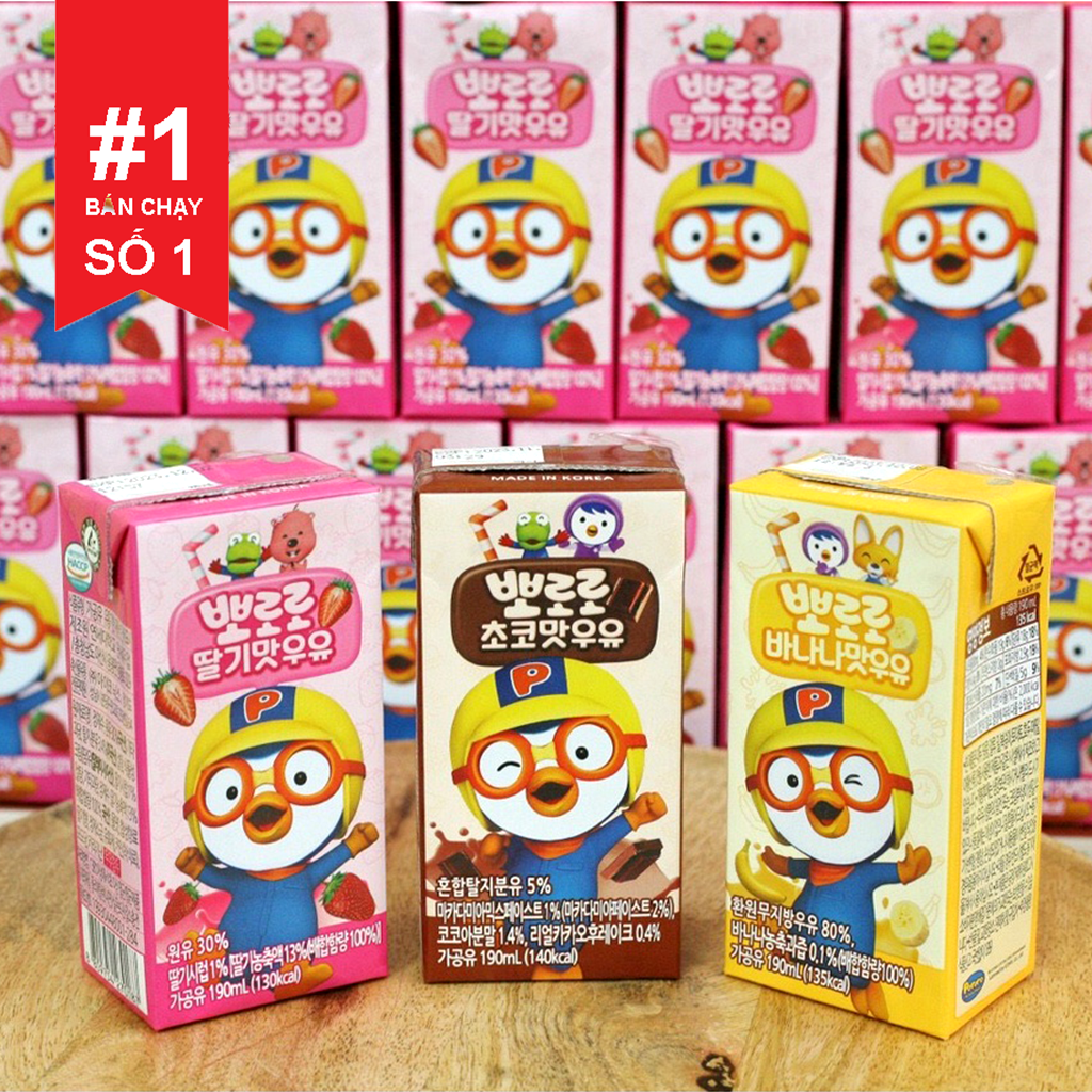 Combo 24 hộp sữa nước dinh dưỡng pororo hàn quốc vị chuối/ dâu/ socola, sữa tươi pororo hộp 190ml