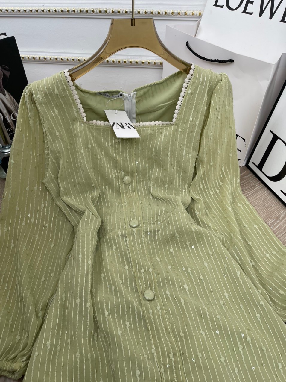 <SALE 9.9> [ SALE ĐẦM CAO CẤP ]ĐẦM MIDI TAY DÀI PHỐI NÚT CỔ VUÔNG SIÊU HOT