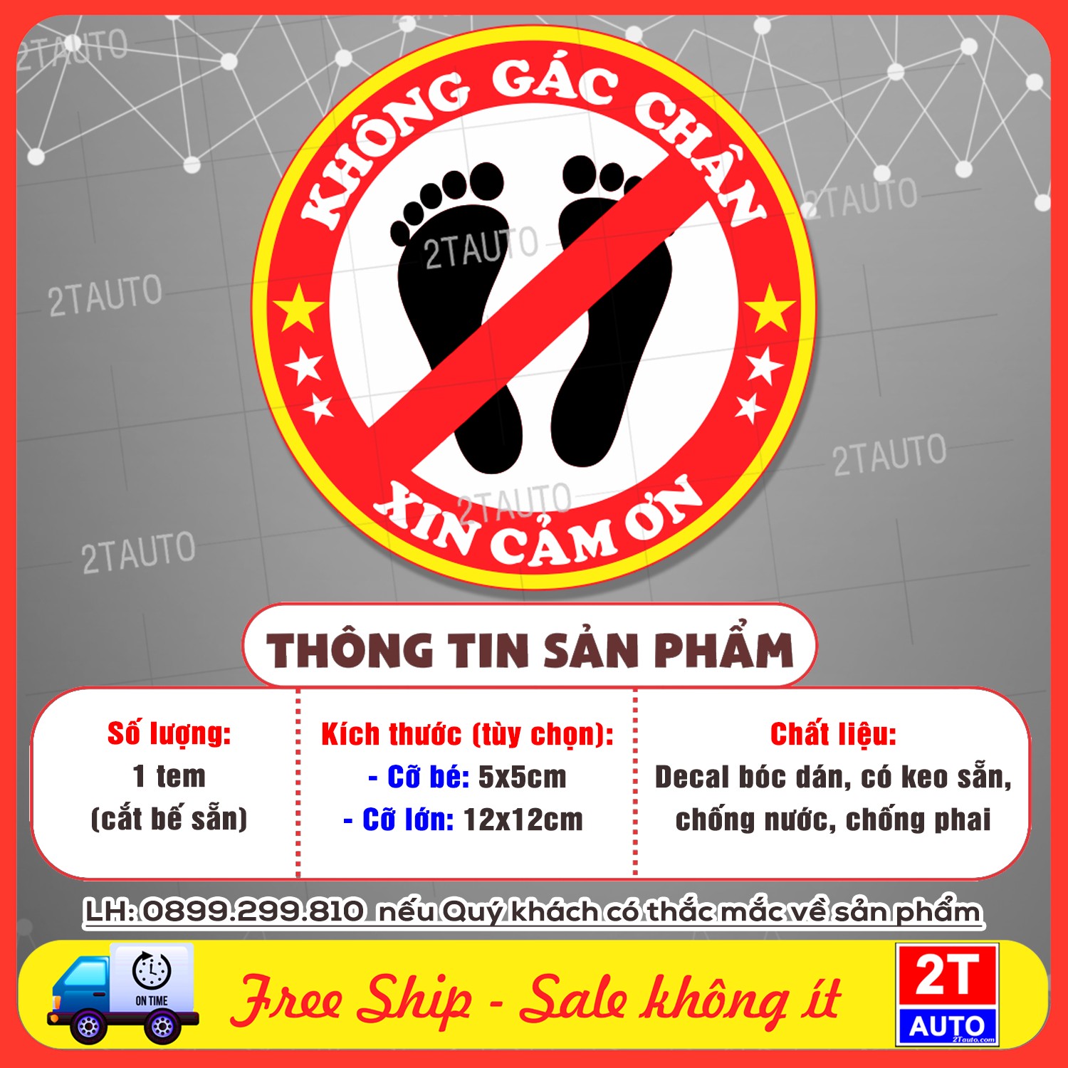 Logo tem decal CẤM GÁC CHÂN dán ô tô xe hơi, có keo dán sẵn, chống nước 100%, nhắc nhở không gác chân trên xe