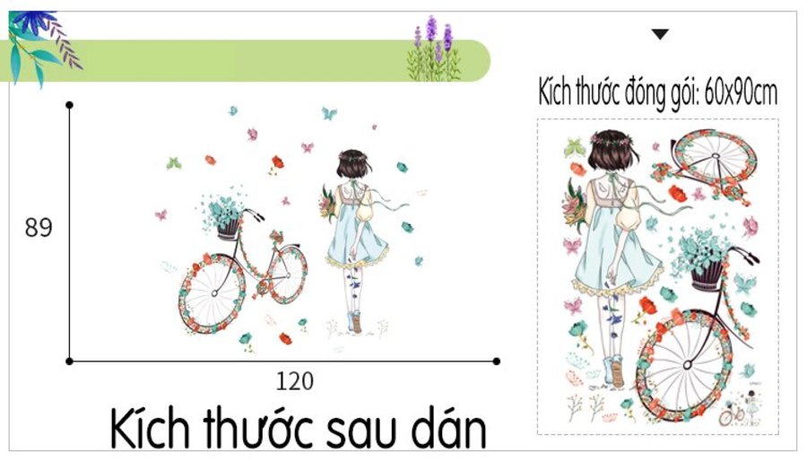 DECAL DÁN TƯỜNG GIỎ HOA VÀ CÔ GÁI XE ĐẠP