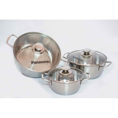 Bộ 3 nồi panasonic - Bộ 3 nồi inox Cao cấp 3 đáy nắp kiếng quà tặng từ hãng điện tử Panasonic