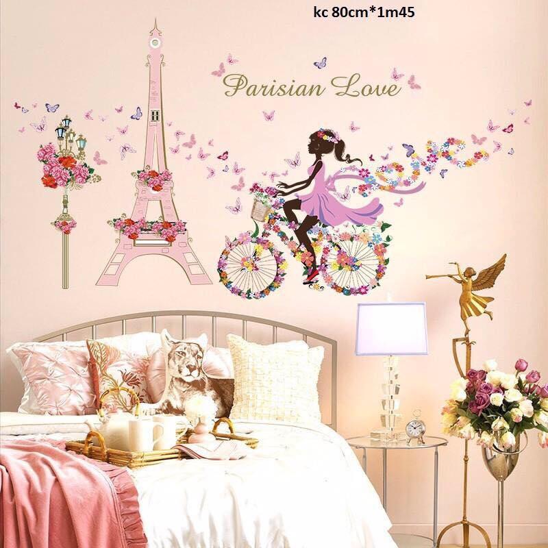 Decal dán tường cô gái xe đạp tháp pari hồng