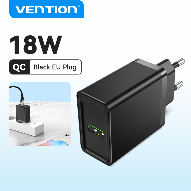 Vention USB Charger Fast Charging Quick 18W Fast Charge QC 3.0 USB Android Fast Charger for Huawei, Redmi Note 10 Pro, Xiaomi Poco X3 NFC, SAMSUNG S20, Realme 6 Pro Wall Charger