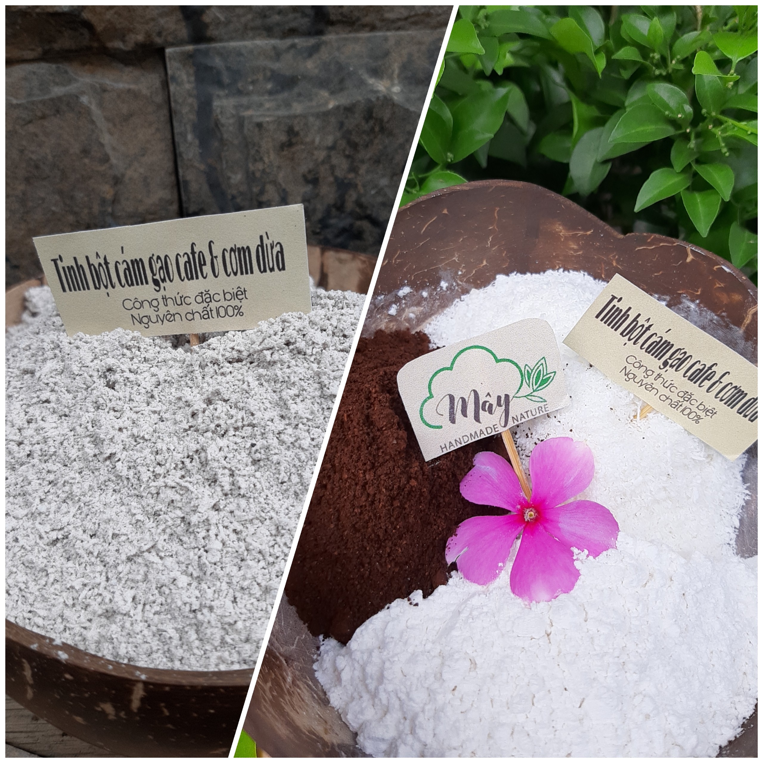 Tinh bột cám gạo cà phê dừa handmade 120g(Tẩy tế bào chết body, dưỡng ẩm, giảm mụn lưng, viêm nang lông)