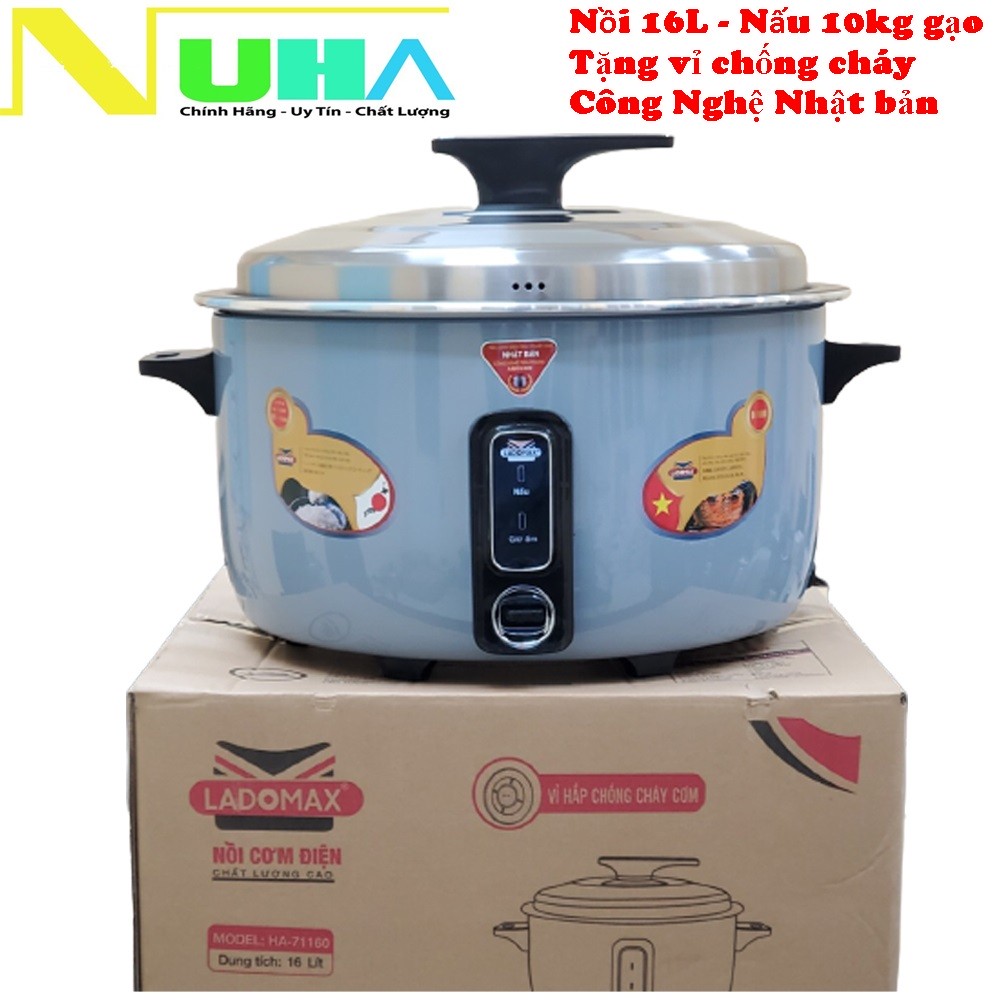 Nồi cơm công nghiệp Nhật 16L Ladomax HA-71160 nấu được 10kg gạo, có vỉ inox giúp không có cơm cháy khi nấu