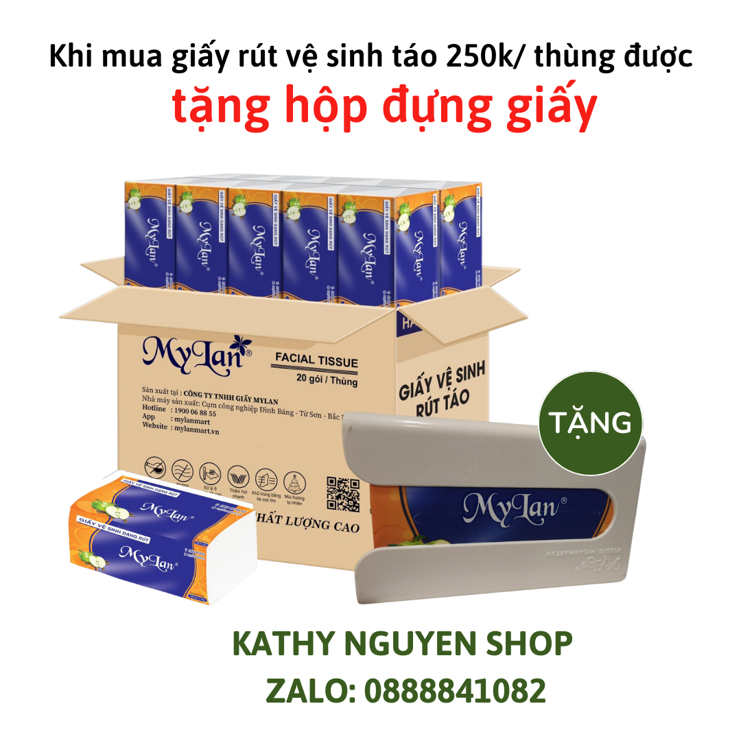 Thùng 20 gói giấy vệ sinh dạng rút cao cấp mylan táo xanh 3 lớp, tặng hộp đựng giấy mylan siêu xịn