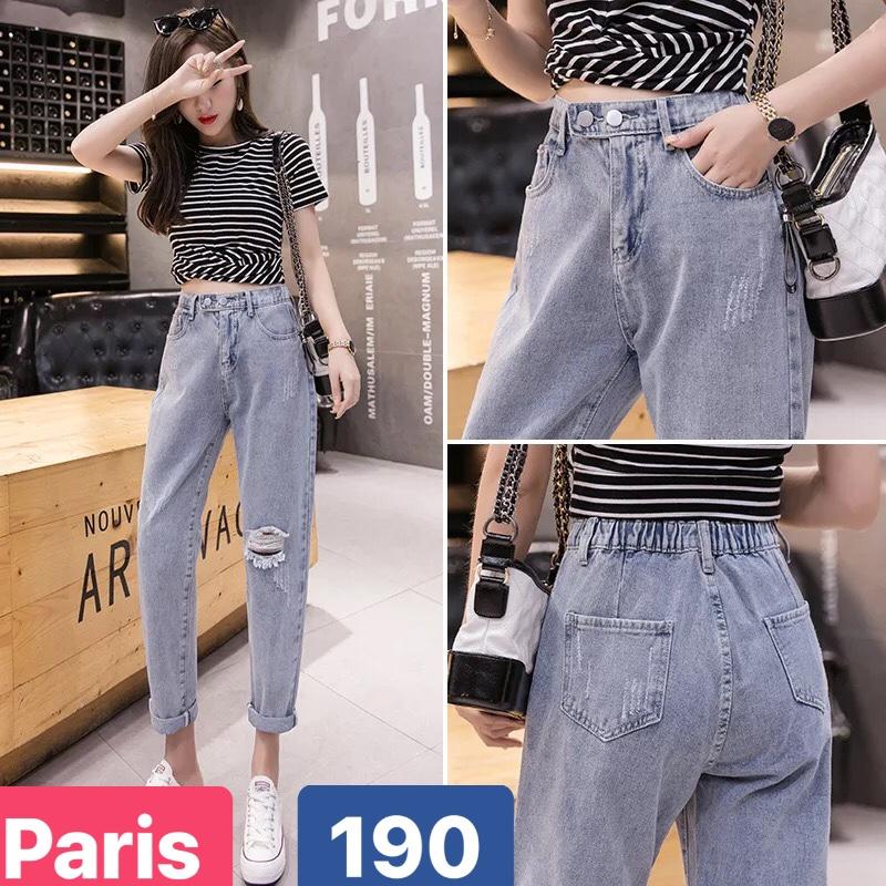 QUẦN BAGGY JEAN NỮ CHẤT BÒ XANH LƯNG THUN CẠP CHUN RÁCH ĐÙI LƯNG CAO NÂNG MÔNG CỰC HOT PR-190 CAO CẤP - PARIS FASHION MỚI