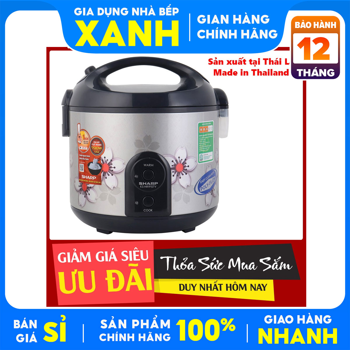Nồi cơm điện sharp 1.8 lít ks-nr191stv- sản xuất thailan- hàng trưng bày 99% -1.8 lít, số người ăn 4 - 6 người, lòng nồi dày 1.2 mm hợp kim nhôm phủ chống dính