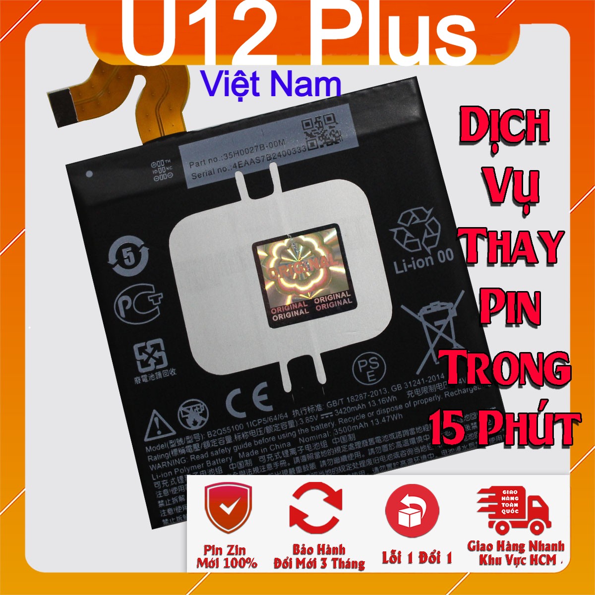 Pin scud cho htc u12 plus b2q55100, google pixel 5.0 b2pw4100, google pixel xl 5.5 b2pw2100, htc nexus s1 b2pw4100 dung lượng 2770mah-4000mah