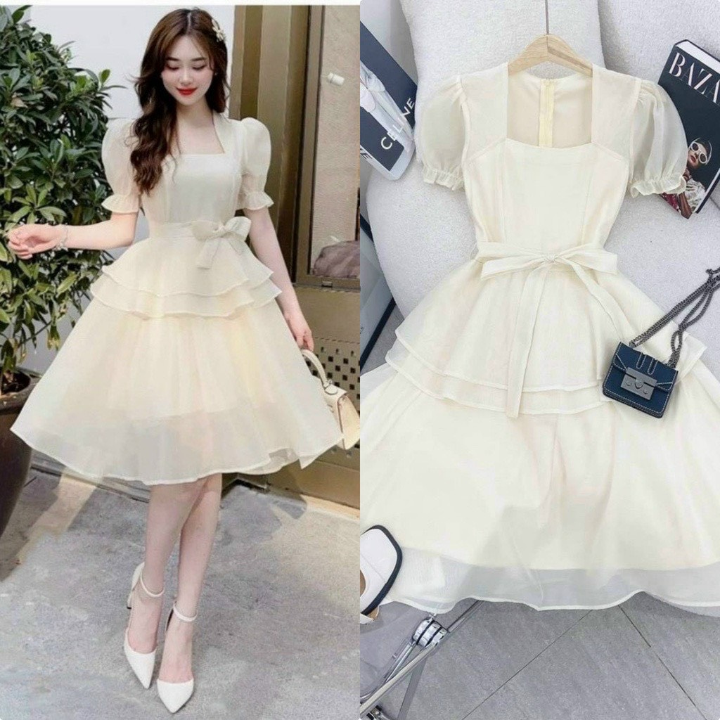 Đầm voan cổ vuông tay ngắn bo dáng xòe chất voan 2 lớp bèo