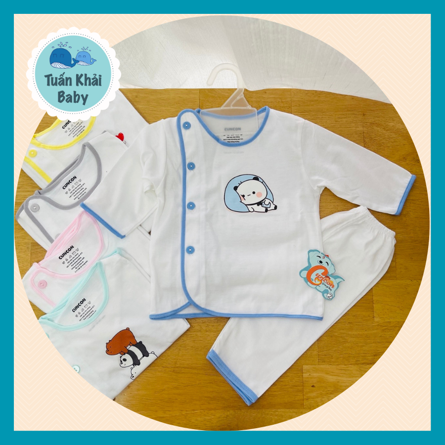 1 bộ quần áo sơ sinh cotton tay dài trắng cài lệch cao cấp cuncon | áo trắng tay dài cài lệch, quần dài rã đáy | size 1,2,3 cho bé sơ sinh - 9kg | quần áo sơ sinh | quần sơ sinh