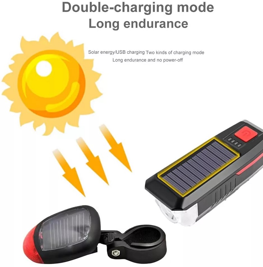 Combo đèn pha và đèn hậu xe đạp pin sạc năng lương mặt trời và sạc USB
