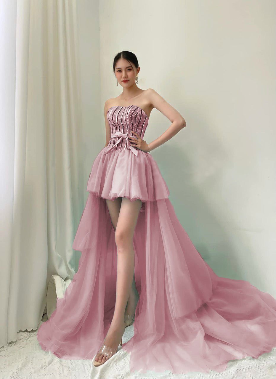 Đầm maxi dự tiệc lưới cúp xếp tầng đuôi tôm kết cườm tripble t dress - size m/l - ms378v