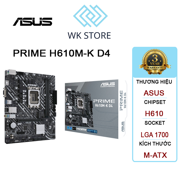 Bo mạch chủ mainboard asus prime h610m-k d4 lga 1700 ddr4 - chính hãng