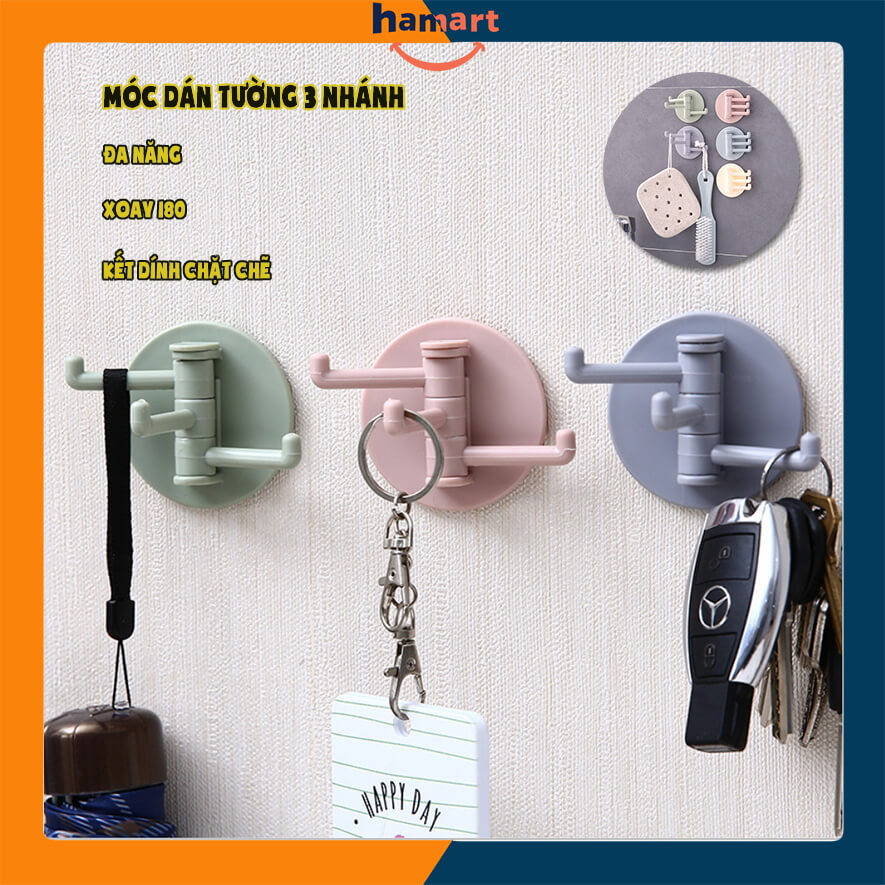 Móc Nhựa Dán Tường 3 Móc Kèm 1 Miếng Dính Tường Xoay 180º Treo Đồ Đa Năng Tiện Lợi