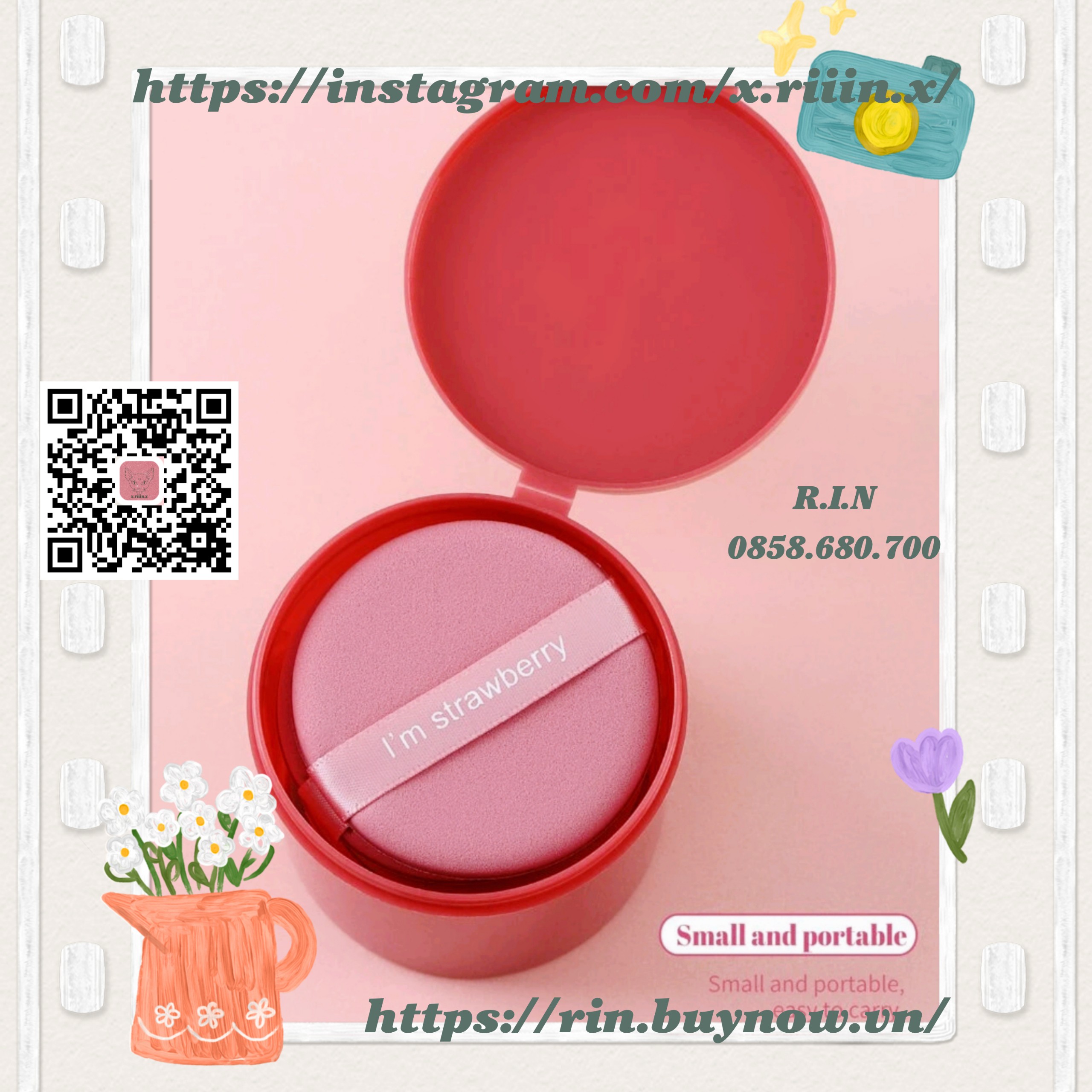 RIIIN Combo 7 miếng bông trang điểm Strawberry