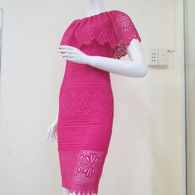 ZERASY - Đầm body phối bèo cổ màu hồng