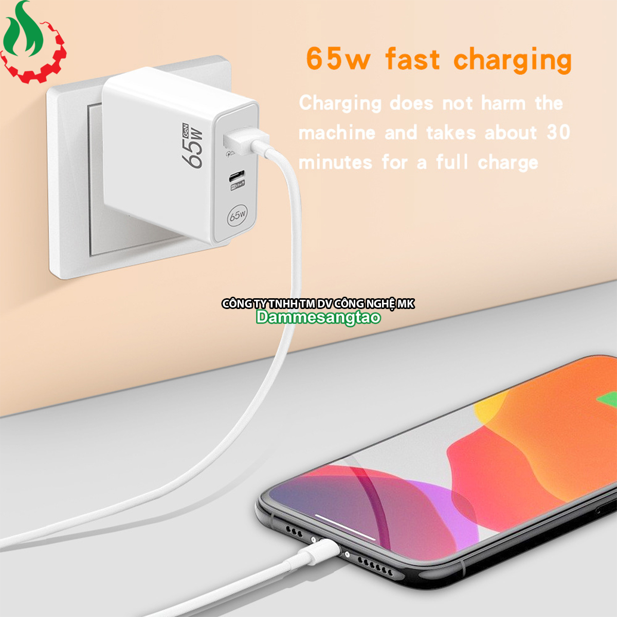 Củ sạc nhanh 65W chuẩn GaN (1 Type-C 33W - 1 USB 18W)