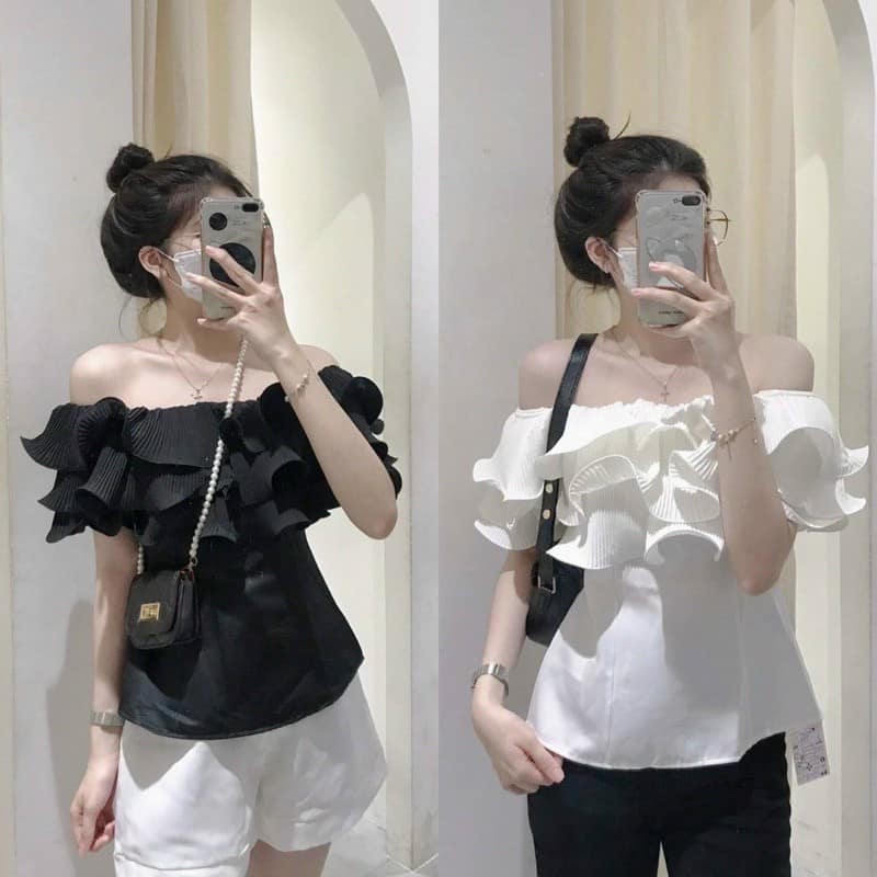 Set áo bẹt vai bèo ngực trắng đen