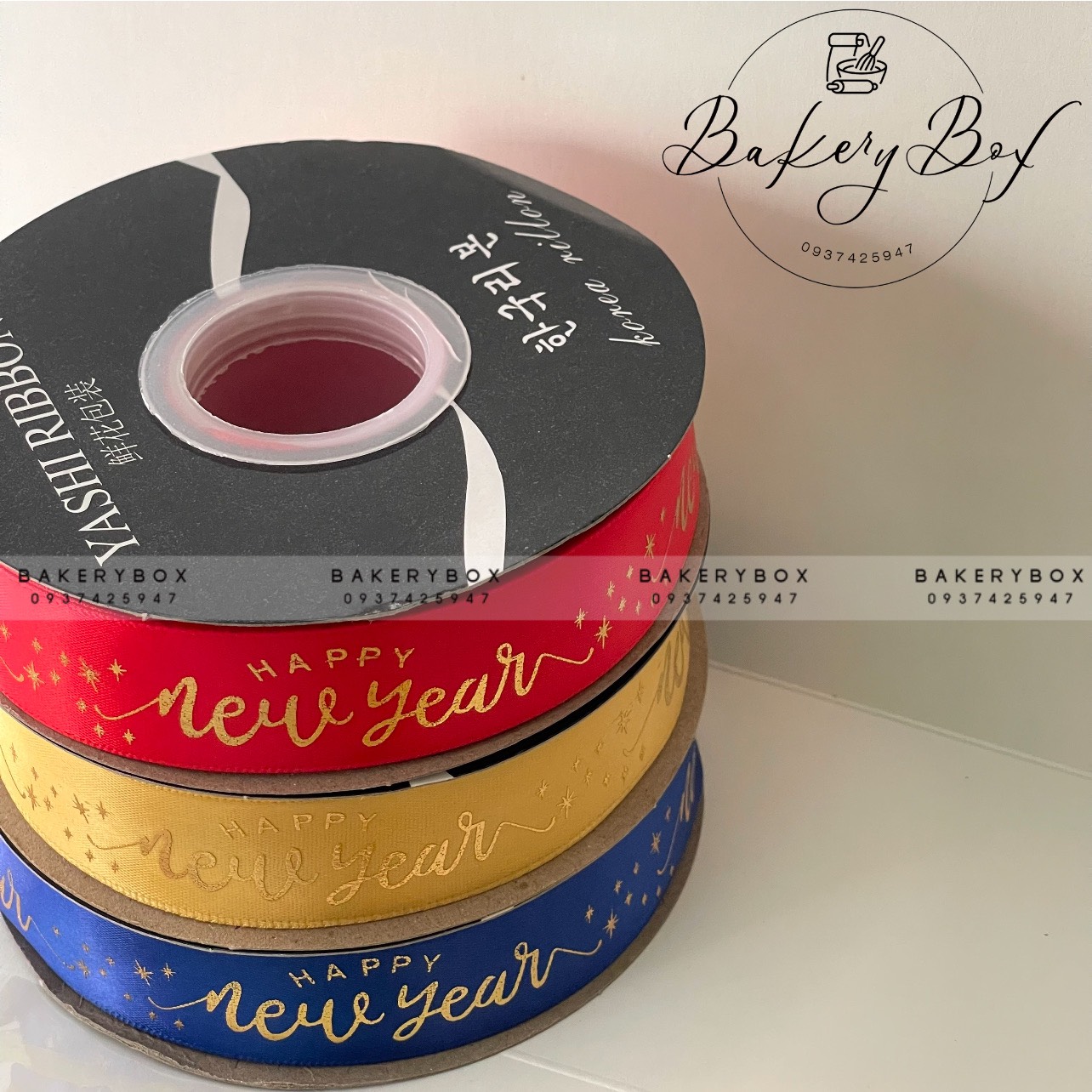 Ruy băng tết bản 2.5cm chữ happy new year