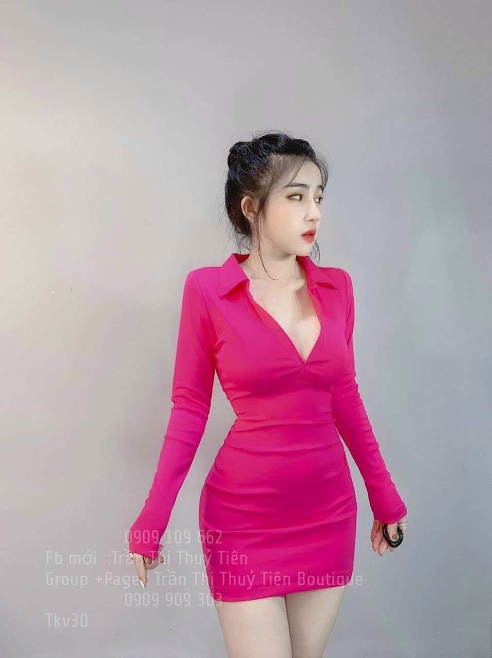 Đầm thun body cổ trụ tay dài