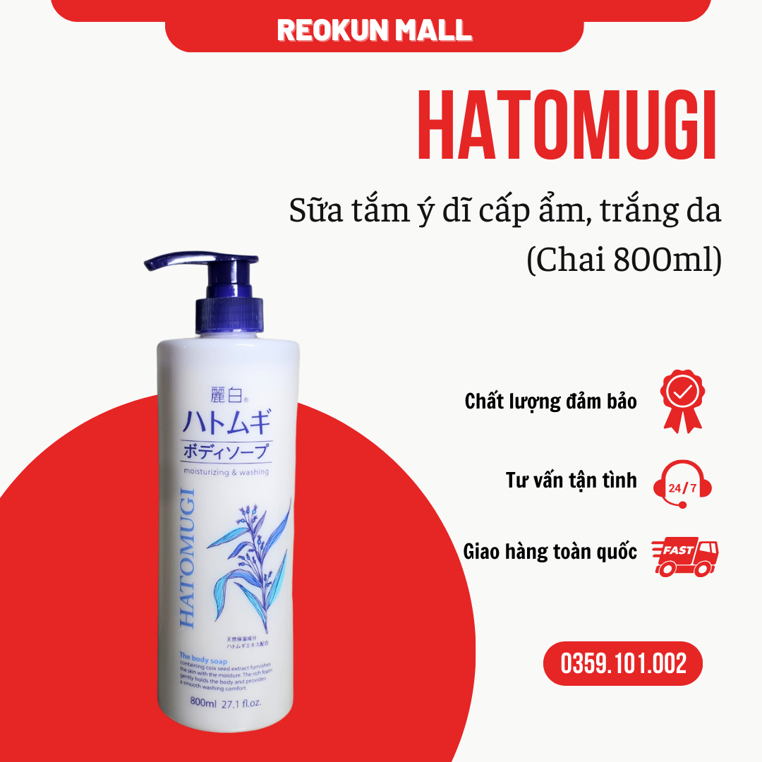 Hatomug Sữa tắm ý dĩ trắng da Nhật chai 800ml