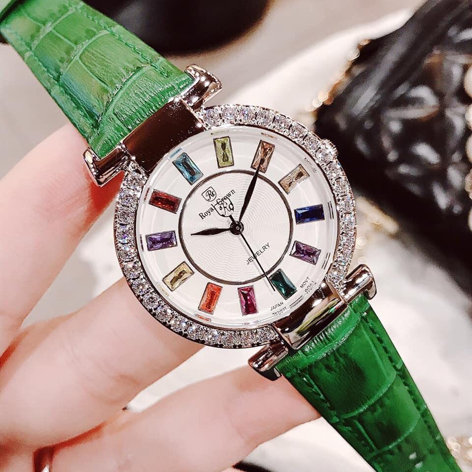 Đồng hồ nữ RoyaI Crown mặt đính đá 7 màu- vỏ Trắng (Silver), dây da màu Xanh, size 36 mm-RC07014