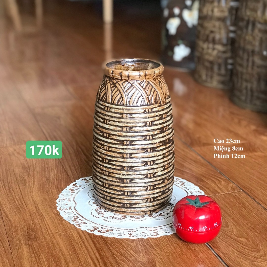 Bình Hoa Bát Tràng Vân Mây Đan, Combo 2 Bình Gốm Lọ Gốm Men Mộc GQA87