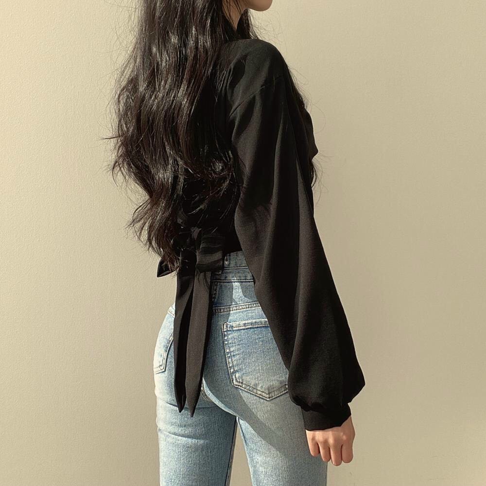Áo Sơ Mi Xoắn Eo Tay Dài Trơn