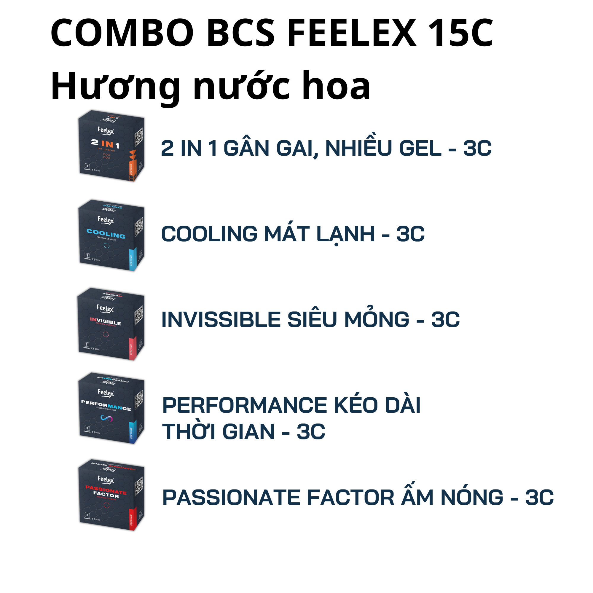Combo 5 hộp bao cao su Feelex siêu mỏng, nhiều gel bôi trơn - 15 chiếc bcs