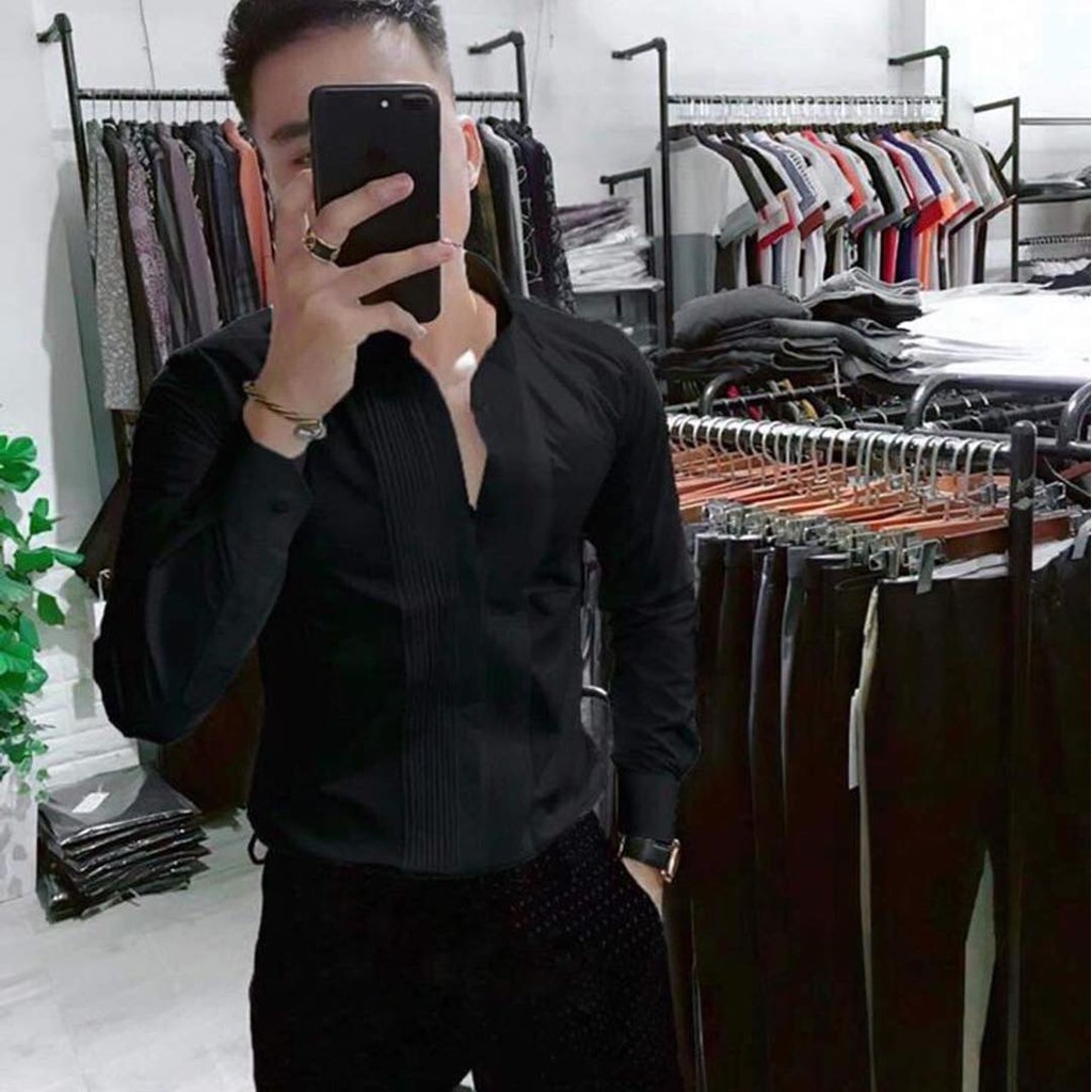 Áo sơ mi nam đen xếp ly tay dài cao cấp | sơ mi xếp ly đẹp | hàng chuẩn shop